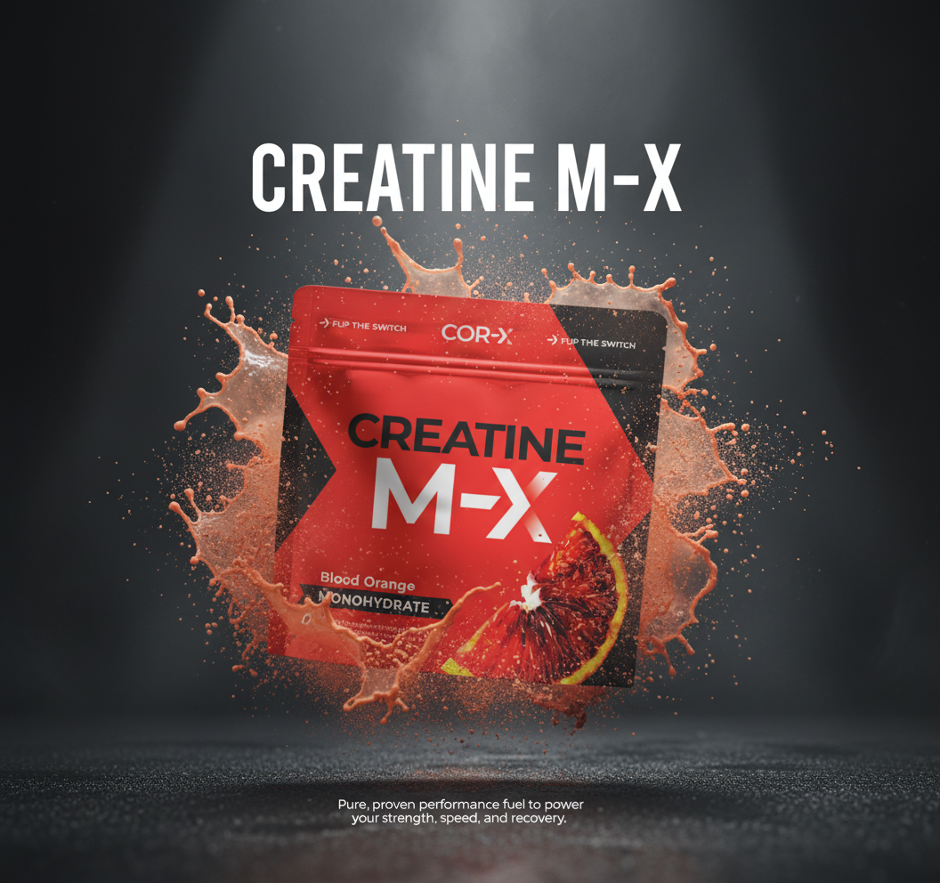 COR-X Creatine M-X Flip the Switch vedecke benefity grafika na balení