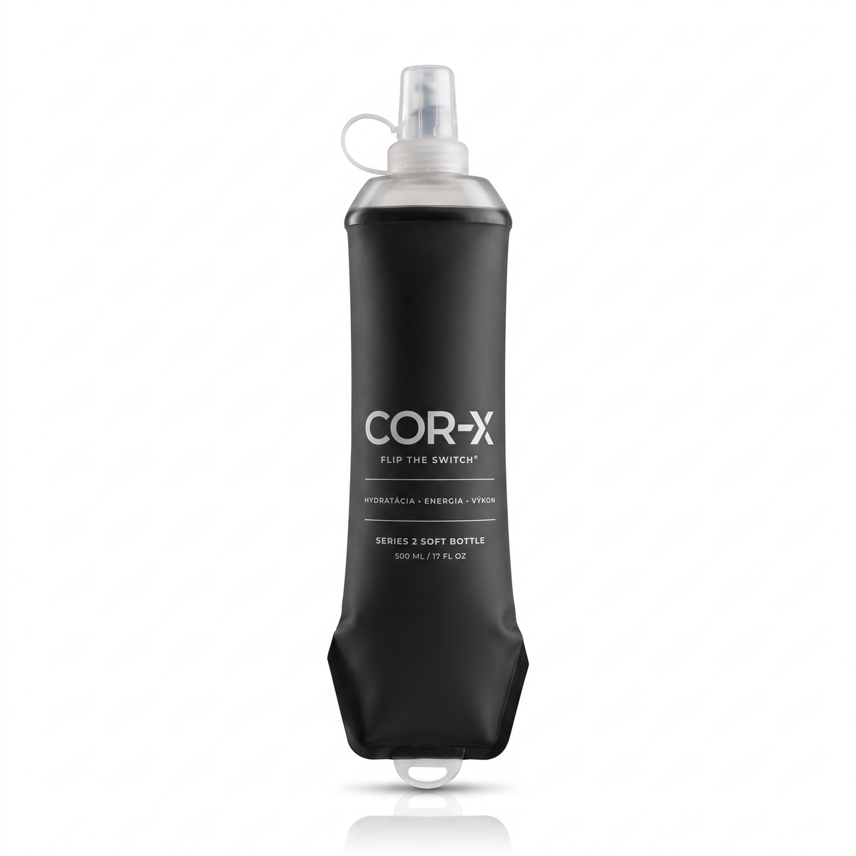COR-X soft flask Series 2 v čiernej farbe, mäkká bežecká fľaša 500 ml na bielom pozadí