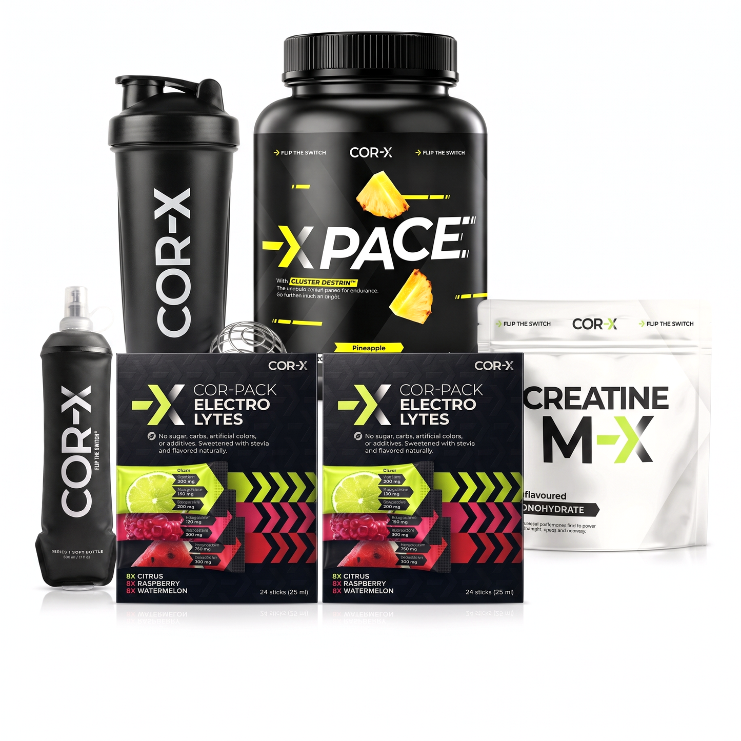 Kompletný systém COR-X: dve balenia X-Electrolytes, X-PACE, Creatine M-X, šejker a soft flask na bielom pozadí