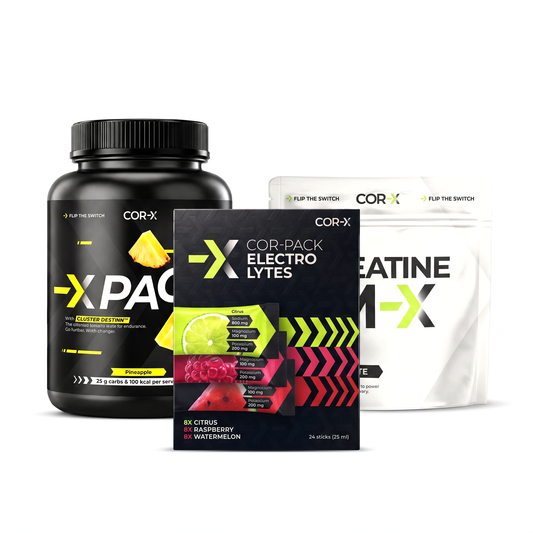 Tréningový systém COR-X: X-Electrolytes, X-PACE a Creatine M-X na bielom pozadí